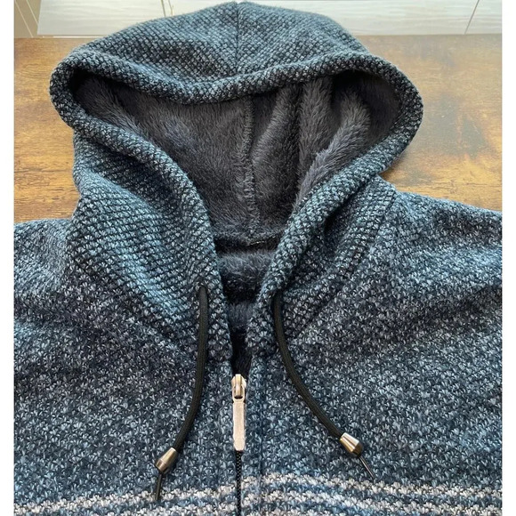 Mens Blue Color block Striped Fleece-Lined Full Zipper Jacket Hooded - Picture 9 of 11